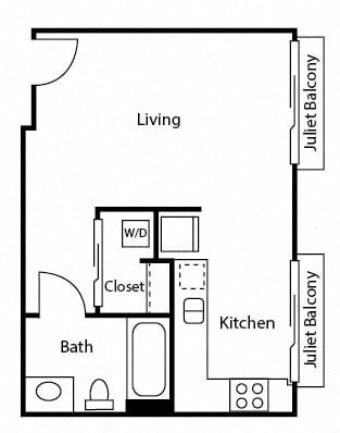 Floor plan for studio, 1 bath, 413 sqft